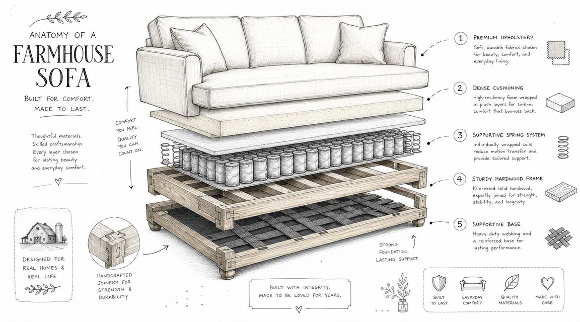 An infographic showing the layered anatomy of a comfortable farmhouse sofa with detailed descriptions of its construction.