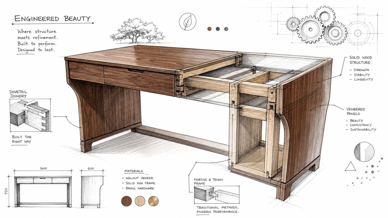 A detailed technical drawing of a wooden desk illustrating its interior solid wood structure and veneered panels.