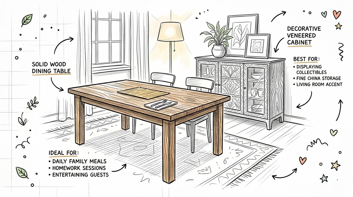 A hand-drawn sketch comparing a solid wood dining table with a decorative veneered storage cabinet for interior design.