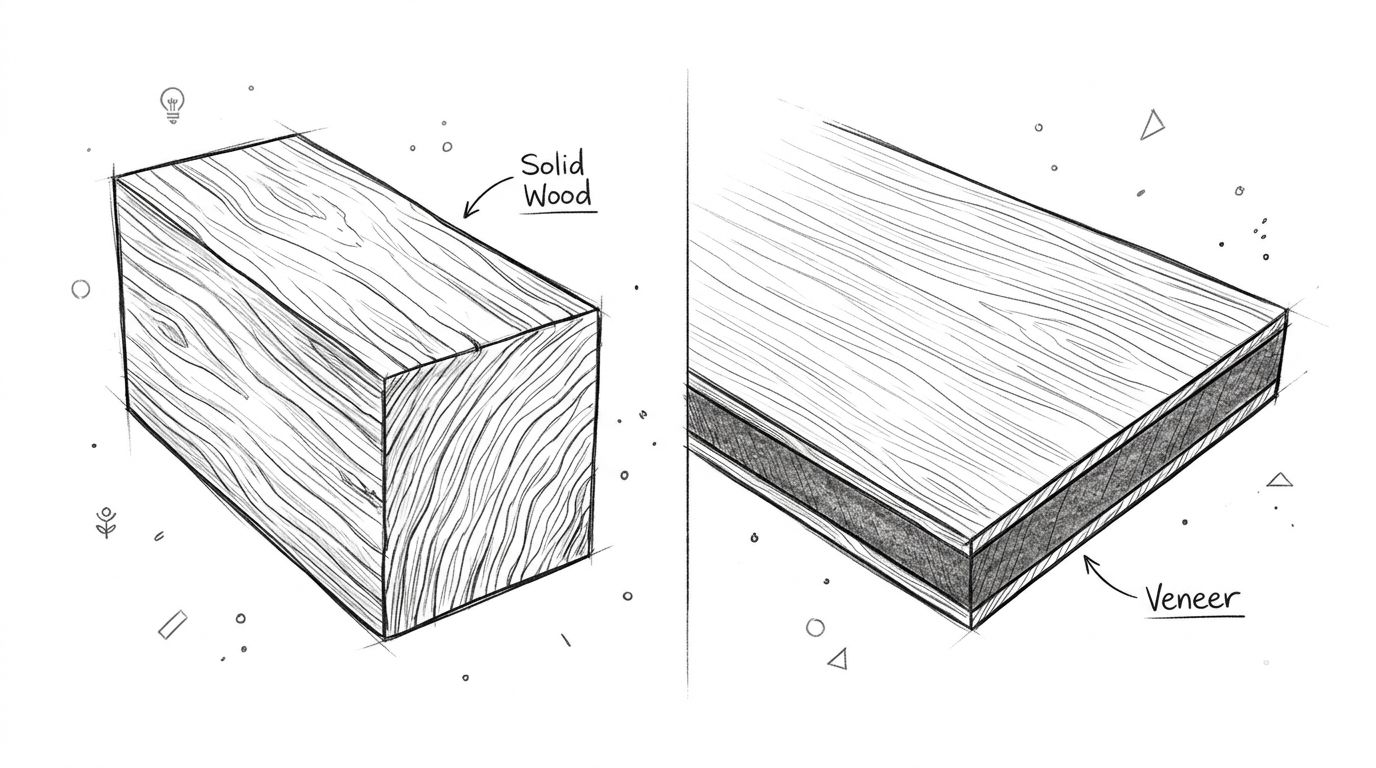 A line drawing illustration comparing a solid wood block with a composite board layered with veneer.