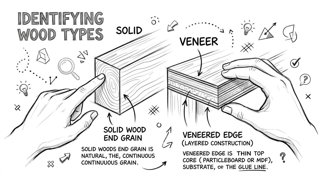A hand-drawn illustration comparing solid wood and veneered plywood with labels explaining the differences in grain.