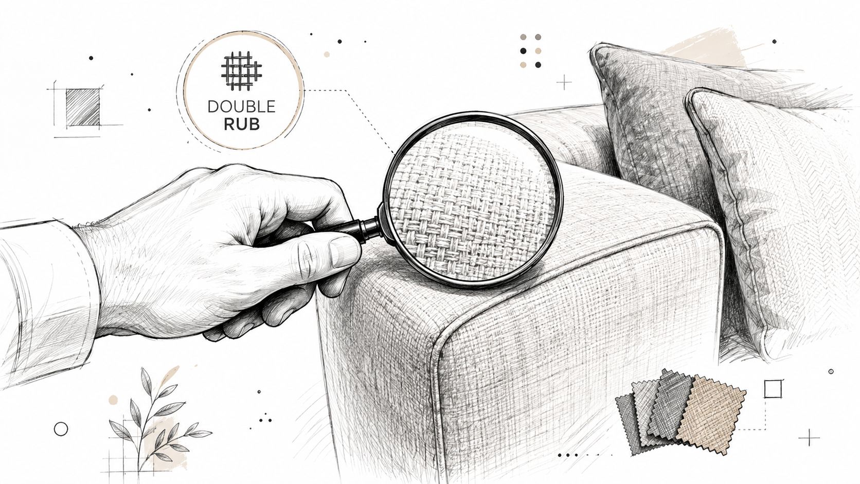 A sketched illustration of a hand using a magnifying glass to inspect sofa upholstery fabric texture.