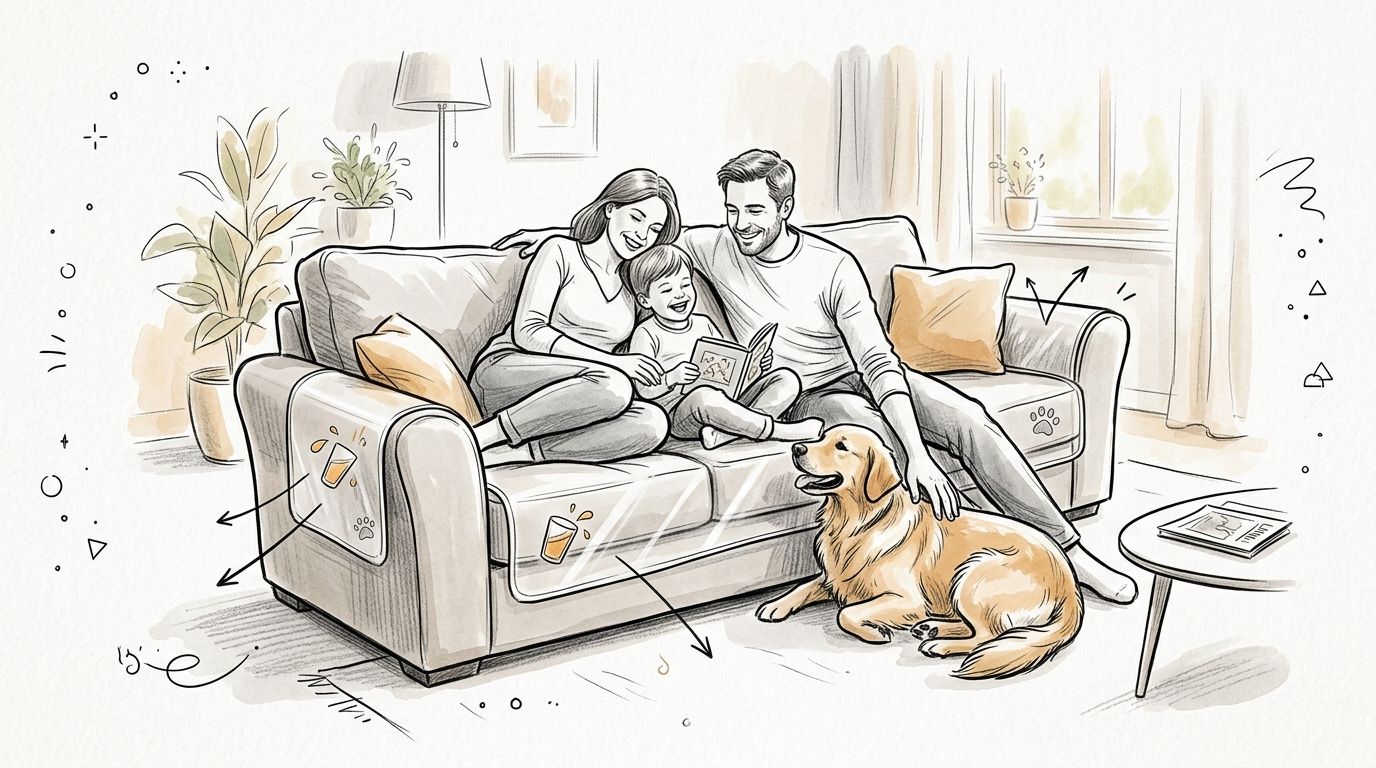 A happy family sitting on a stain-resistant sofa with their golden retriever in a cozy living room.