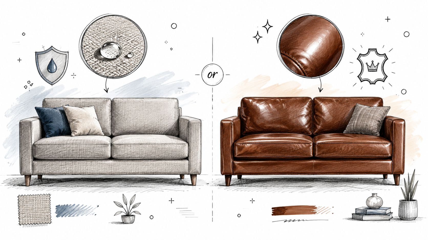 A split illustration comparing a light fabric couch with moisture protection against a premium brown leather sofa.