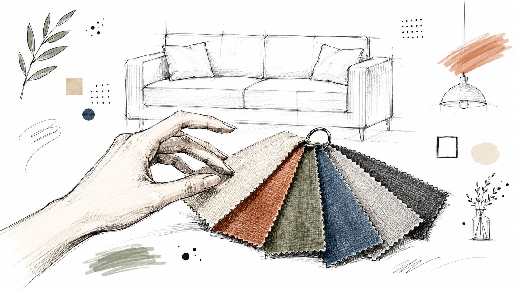 A hand holding a fabric swatch ring to choose material for a sofa sketch, interior design concept.