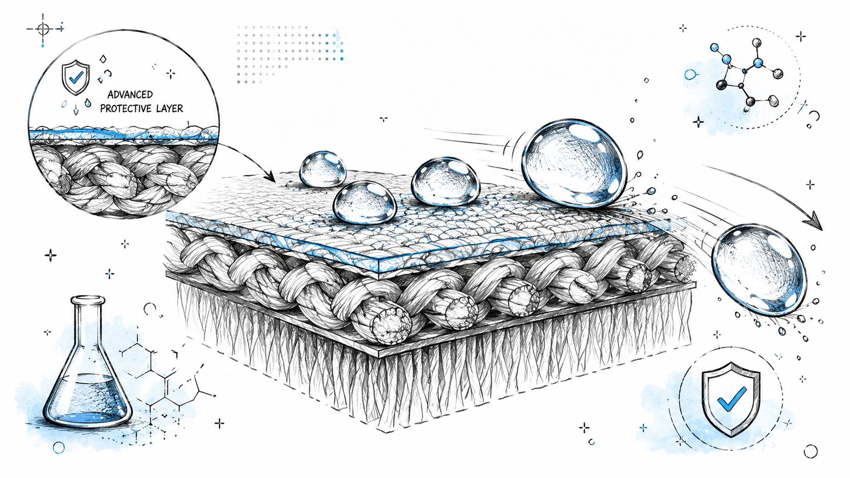 A detailed technical illustration showing a cross-section of stain-resistant fabric with an advanced protective repellent layer.
