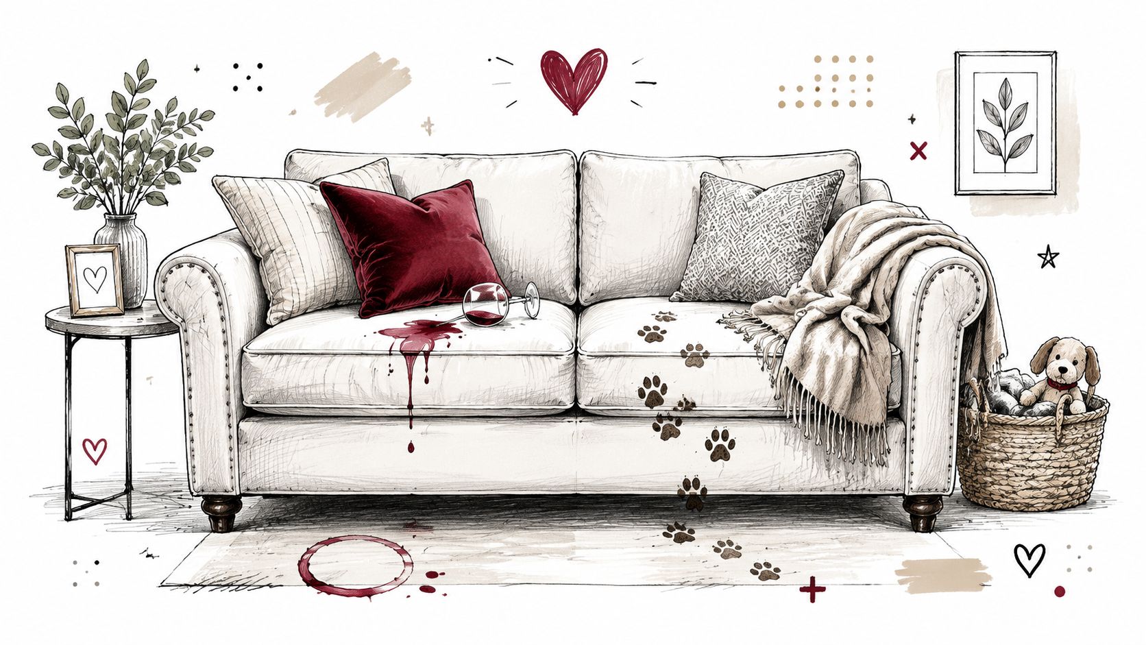 A sketched illustration of a white sofa with red wine spill and muddy paw prints on it.