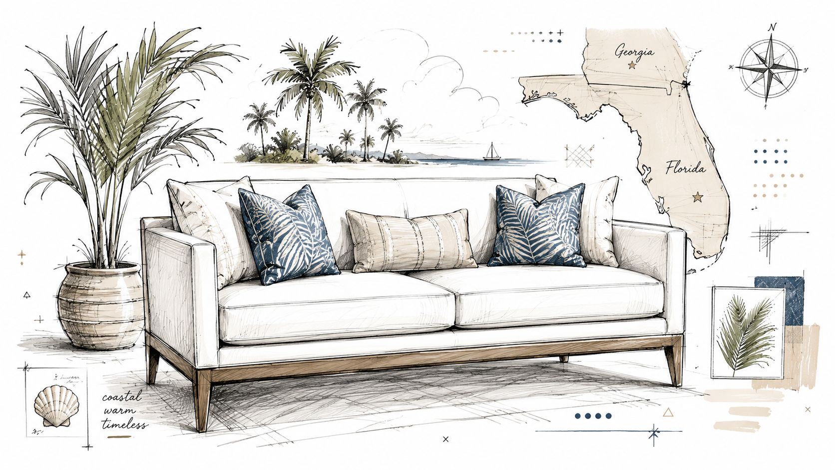A coastal-inspired furniture sketch featuring a sofa with blue patterned pillows, a palm plant, and a Florida map.