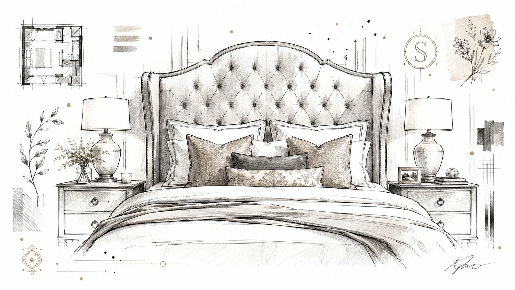 A detailed architectural sketch of a bedroom featuring a plush upholstered headboard with bedside lamps and tables.