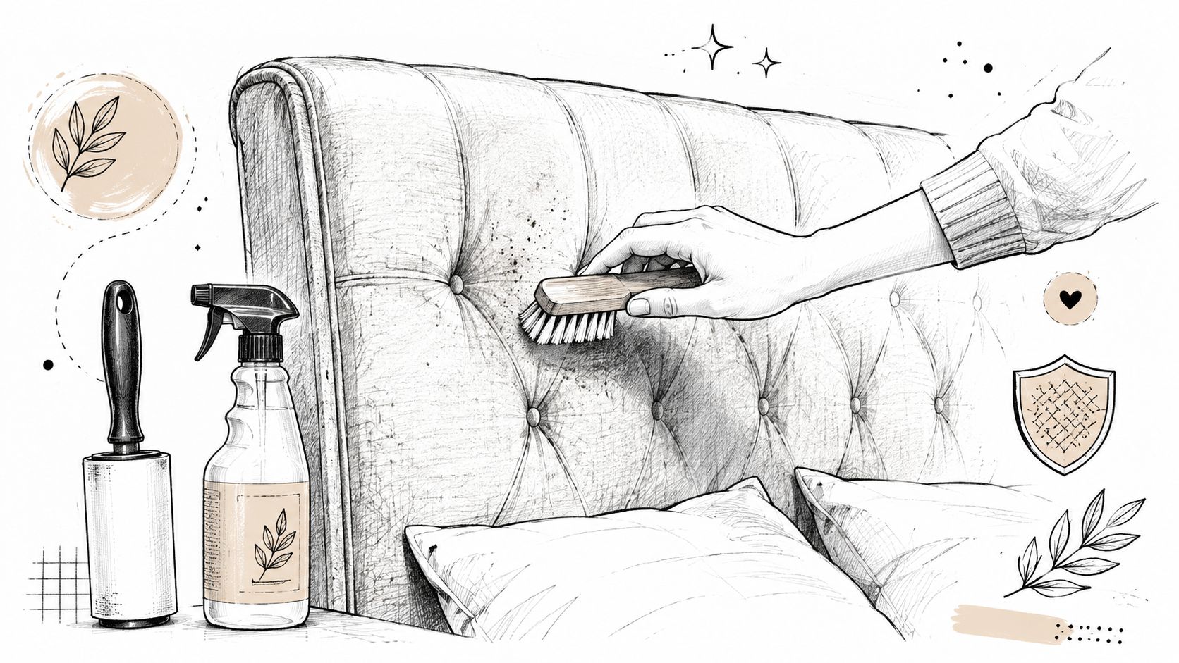 A hand using a brush to clean a dusty upholstered headboard with cleaning supplies nearby.