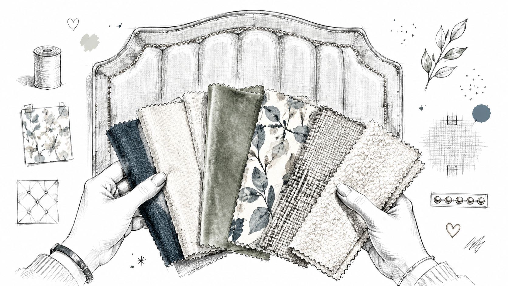 A hand-drawn illustration showing a designer holding various fabric swatches against a tufted upholstered headboard background.