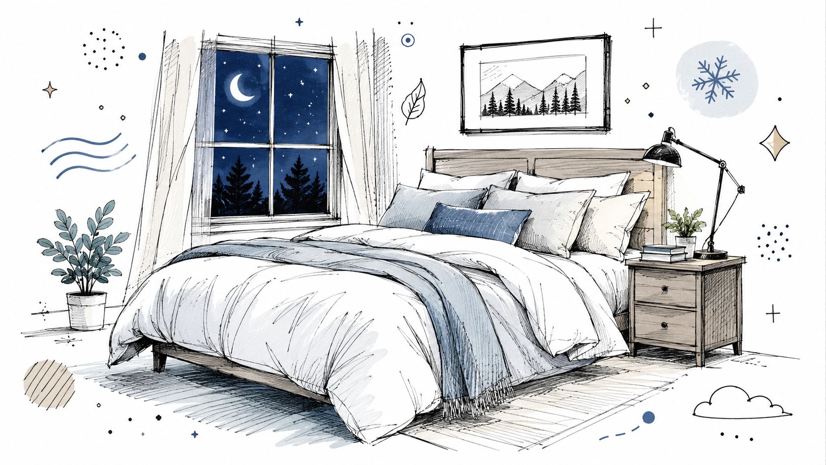 A cozy bedroom sketch at night featuring a comfortable bed, window with night sky view, and lamp.