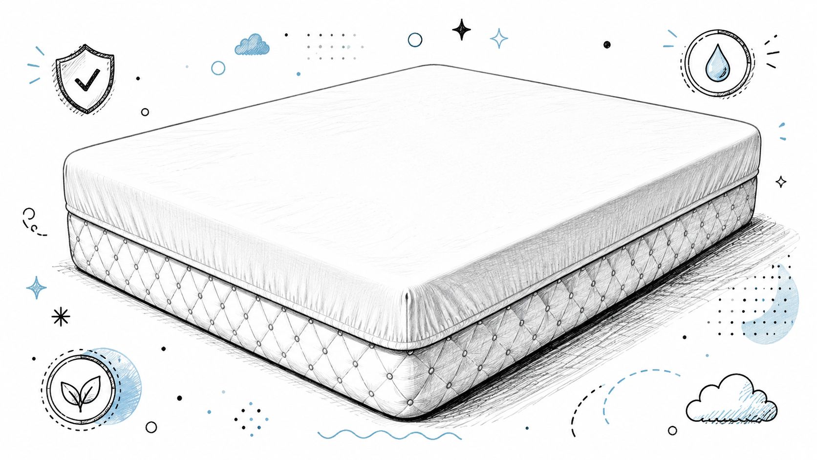 A hand-drawn sketch of a mattress protector featuring icons for water resistance and eco-friendly materials.