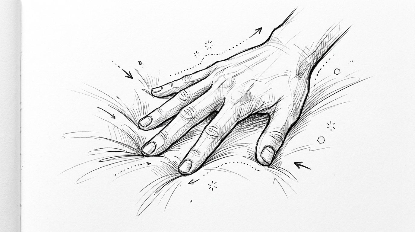 A detailed pencil sketch of a human hand pressing into a soft and plush mattress surface.