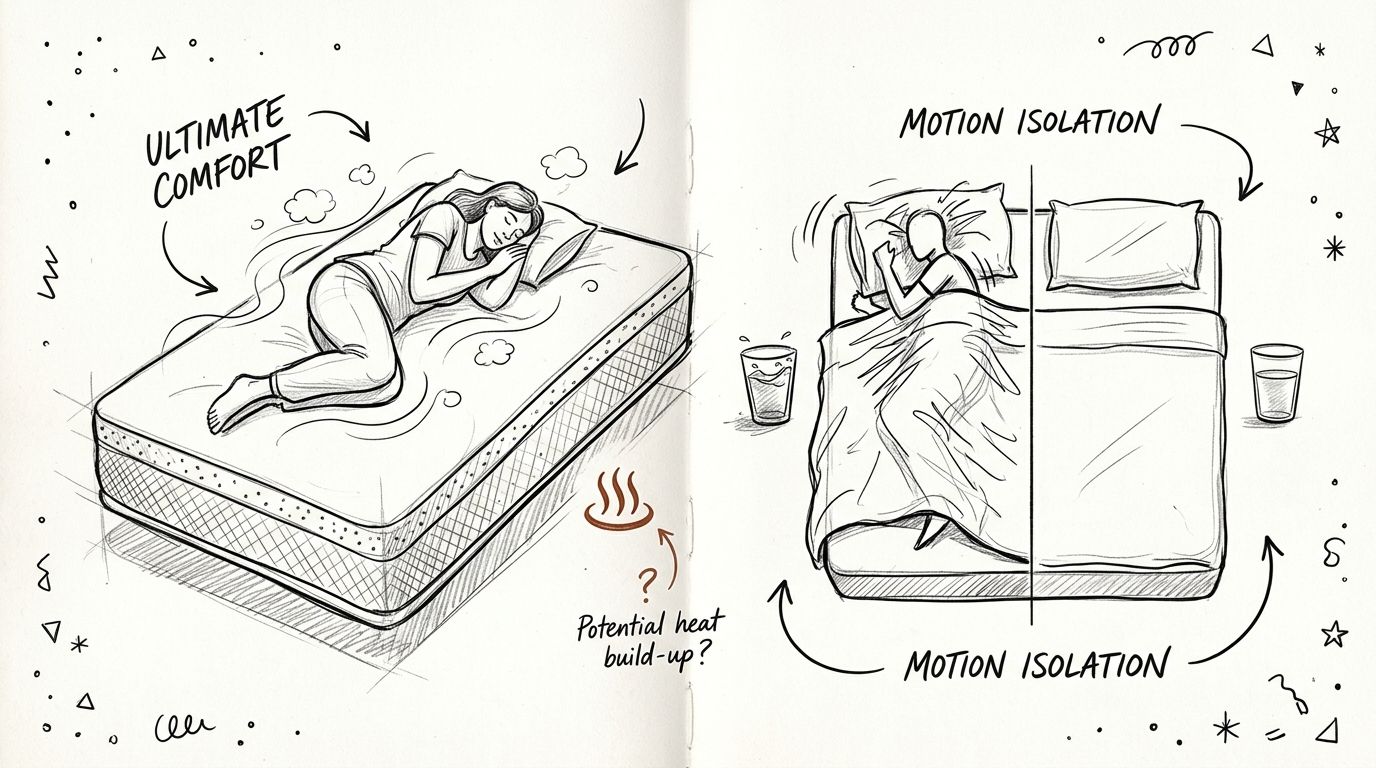 A hand-drawn illustration comparing ultimate comfort and motion isolation benefits of a memory foam mattress.