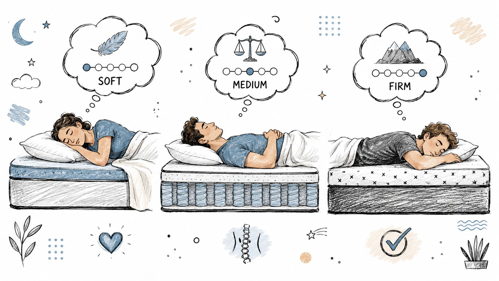 A hand-drawn illustration showing three people sleeping on different mattress firmness levels labeled Soft, Medium, and Firm.