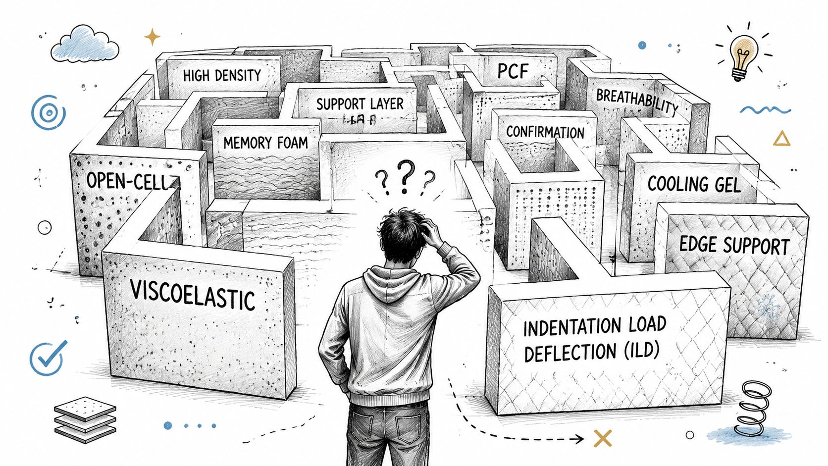 A person standing before a complex maze representing the confusing terminology associated with mattress shopping.