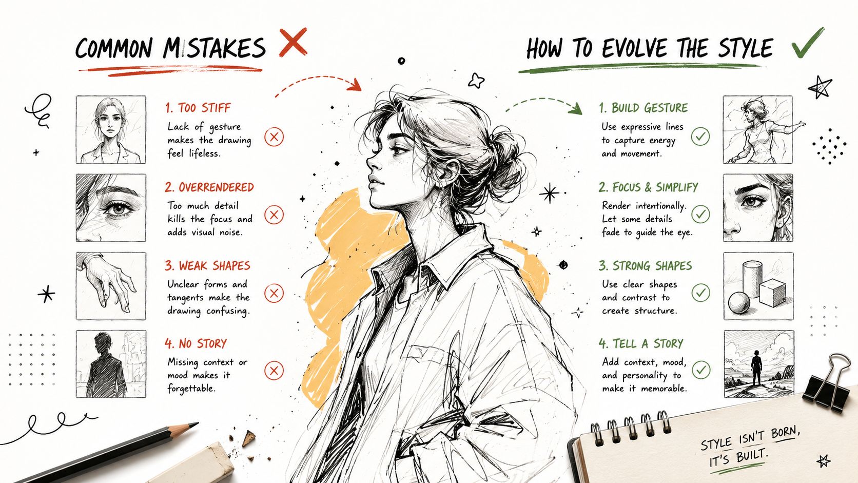 An educational infographic comparing common art mistakes with tips on how to evolve an artistic drawing style.