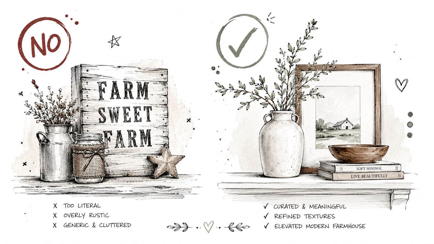 A comparison illustration showing what to avoid versus what to include for modern farmhouse interior decor.