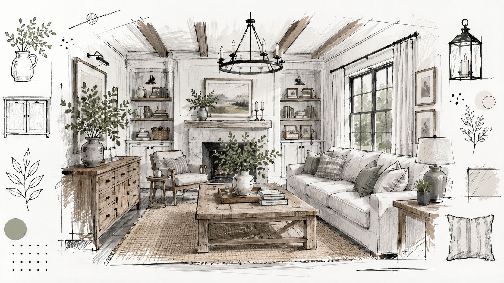 A detailed architectural sketch of a cozy, modern farmhouse living room featuring wooden beams and rustic decor.