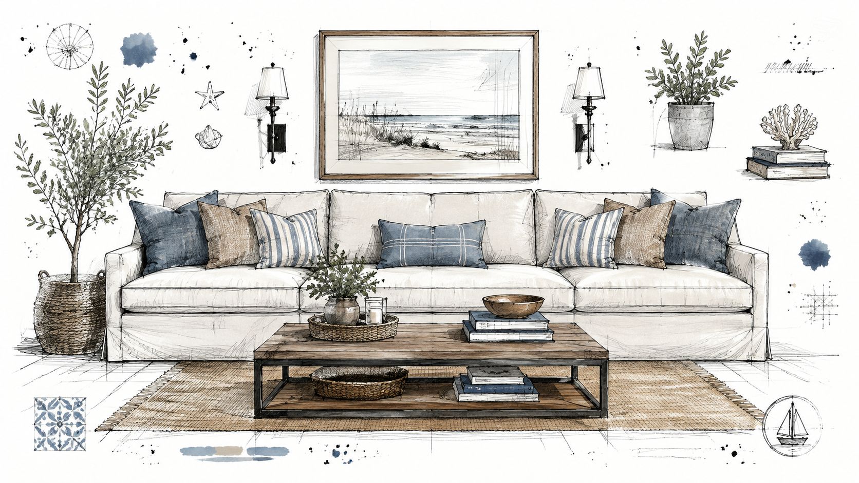 A coastal style living room interior design sketch featuring a large white sofa and rustic decor items.