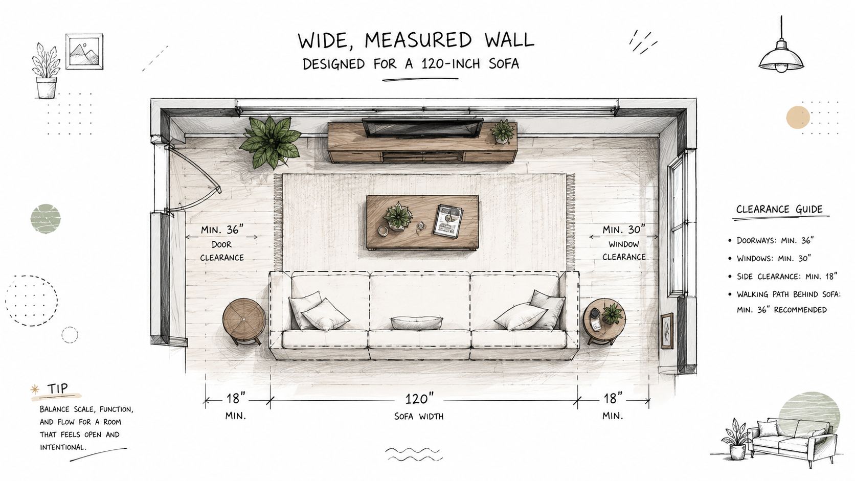 An overhead floor plan illustration showing interior design measurements for a 120-inch sofa in a living room.