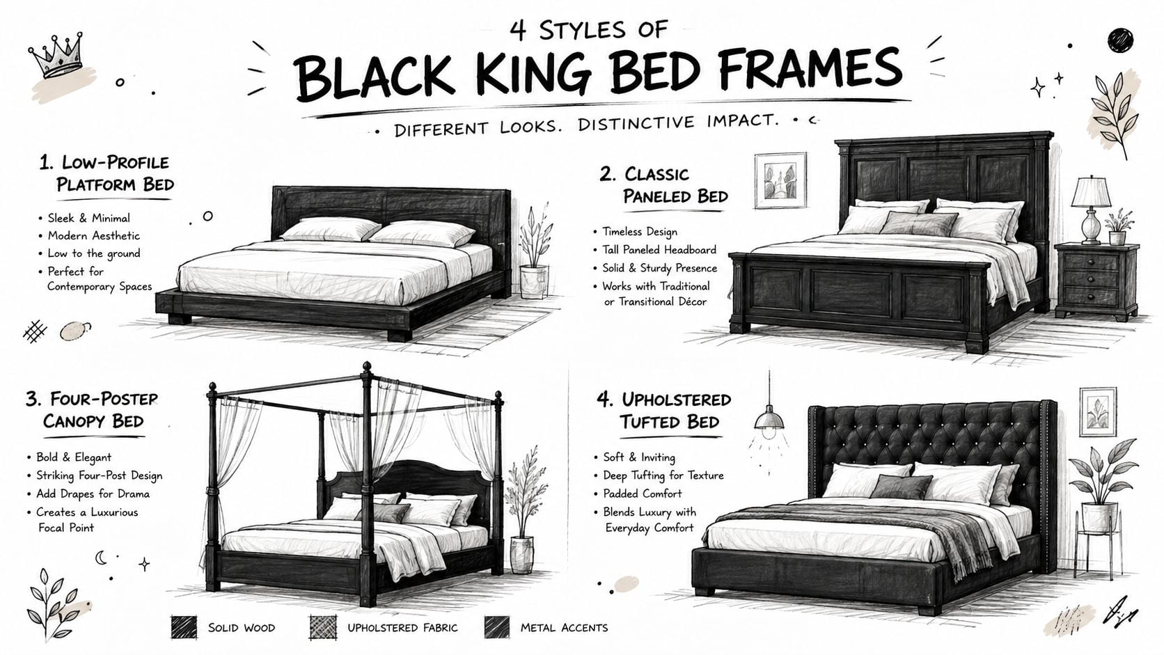 A hand-drawn illustration showing four different styles of black king bed frames with descriptive labels.