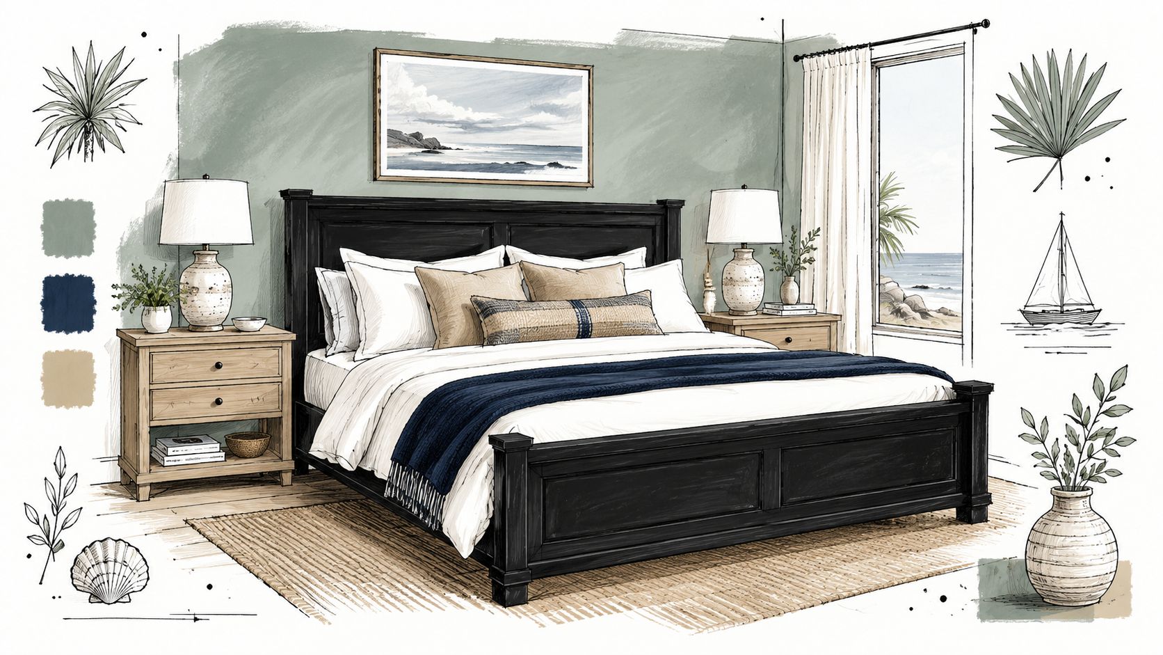 An elegant bedroom sketch featuring a black king size bed with coastal decor and sea views.