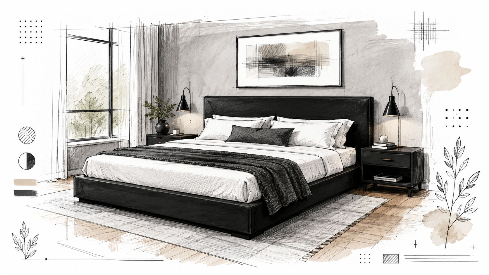 A charcoal sketch of a modern bedroom featuring a large black king size bed and minimalist decor.