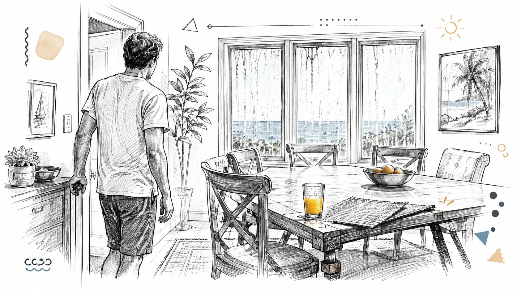 A man standing in a doorway looking out at a rain-streaked window near a coastal dining table.