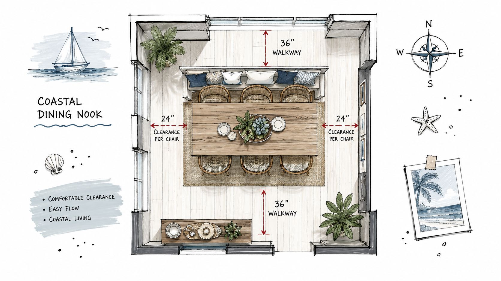 A top-down architectural sketch of a coastal dining room layout featuring a table, bench, and chairs.