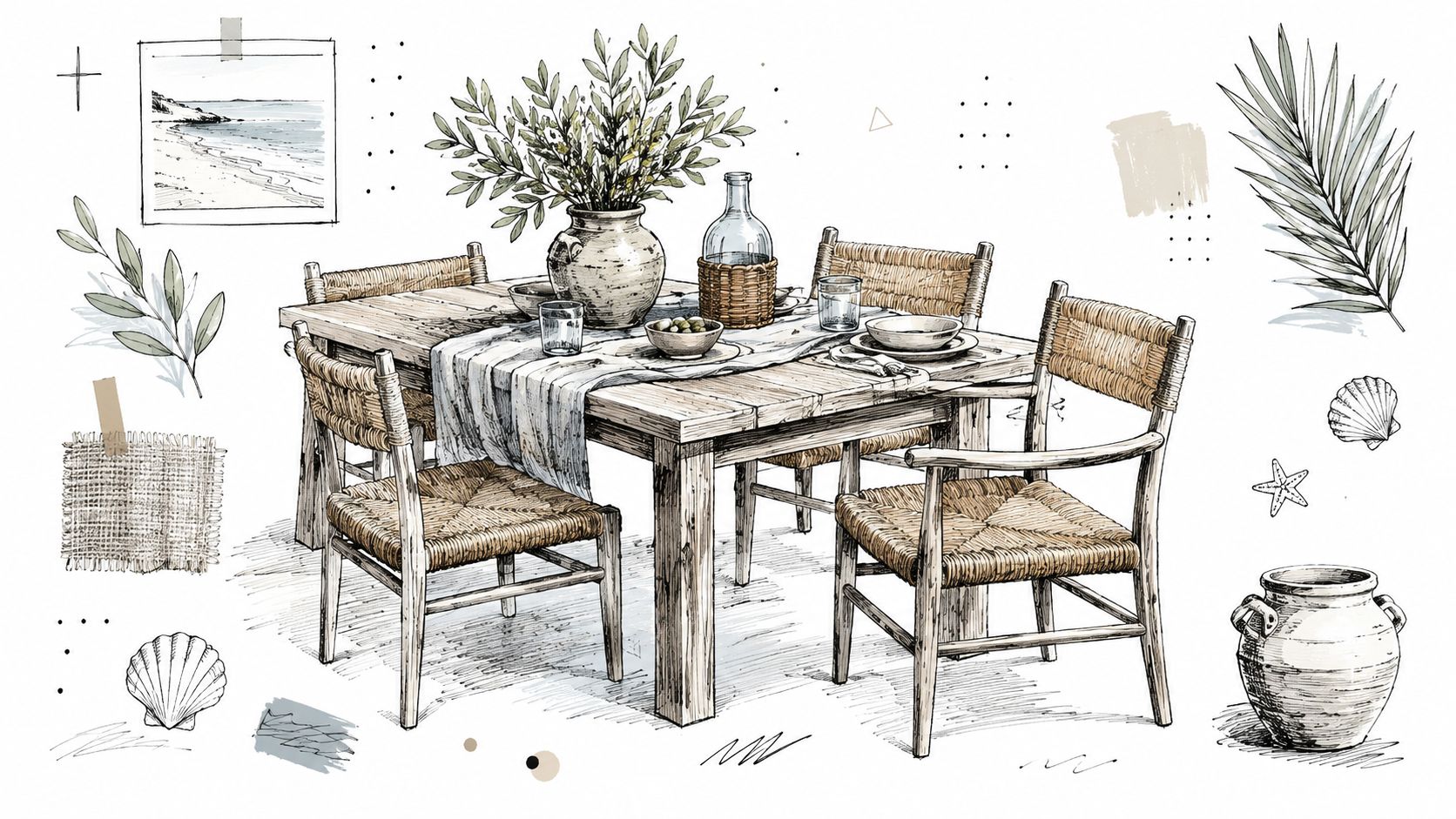 A hand-drawn sketch of a coastal dining table with rattan chairs, decorative vases, and beach-themed accents.