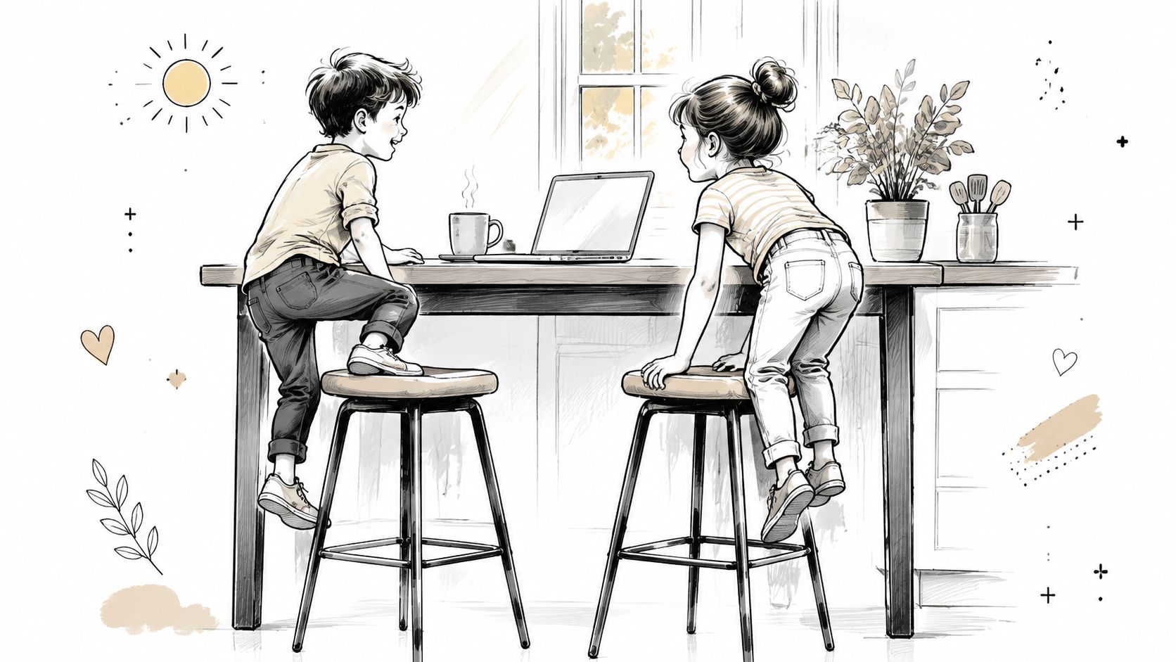 A young boy and girl climbing onto stools at a counter height table with a laptop computer.