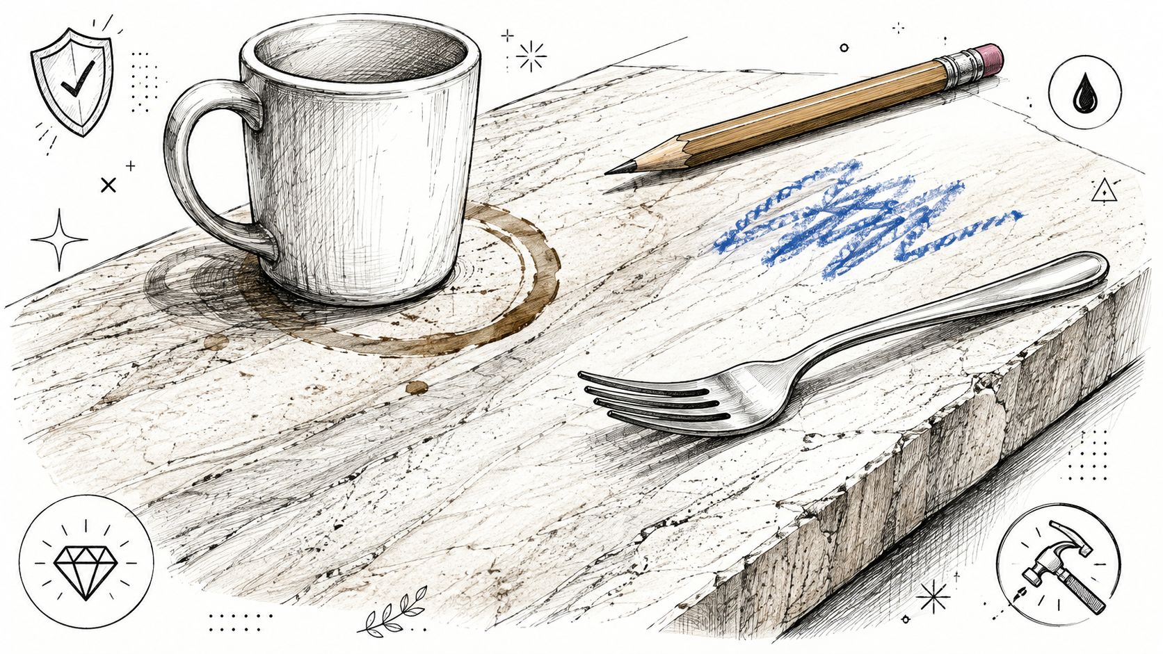 A detailed pencil sketch of a coffee mug, pencil, and fork sitting on a marble countertop surface.