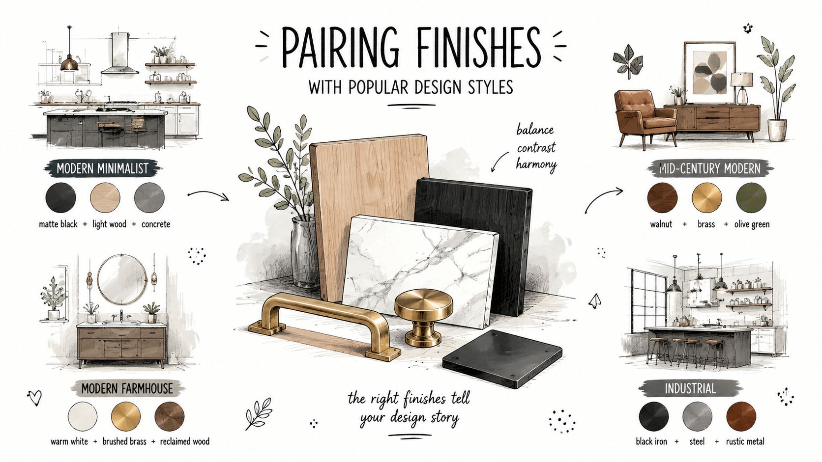 An infographic showing interior design finish pairings for modern minimalist, farmhouse, mid-century modern, and industrial home styles.