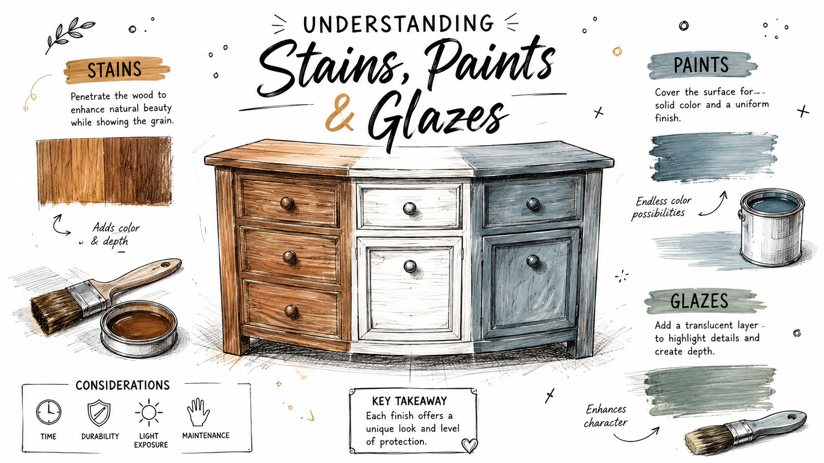 An educational infographic showing the difference between furniture stains, paints, and glazes on a wooden cabinet.