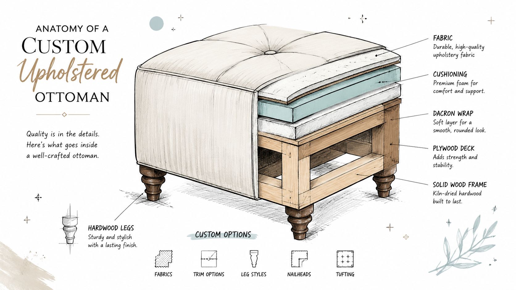 A detailed technical illustration showing the interior components of a custom upholstered ottoman, including fabric, foam, and frame.
