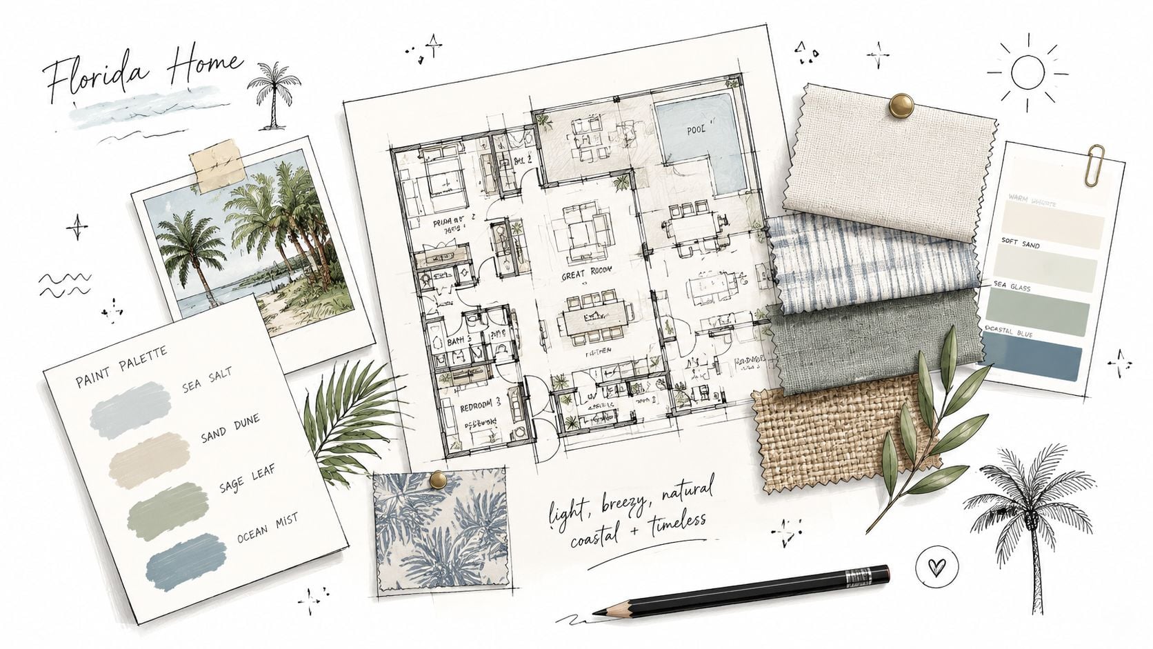 A mood board for decorating a Florida home, featuring architectural plans, fabric swatches, paint colors, and palm illustrations.