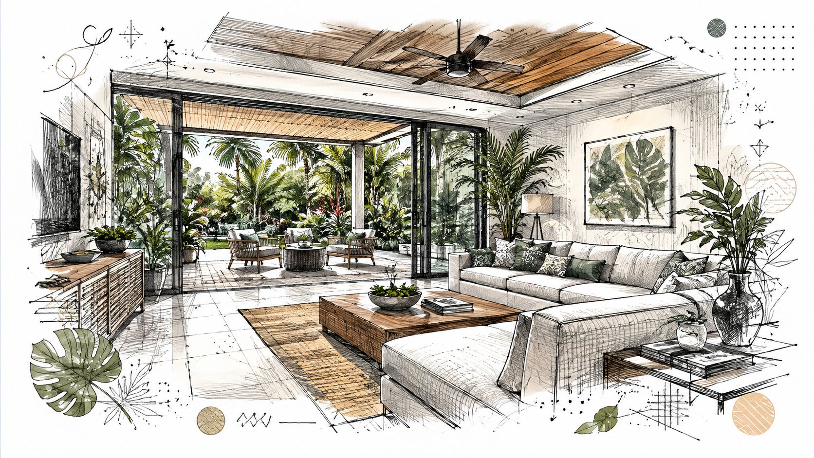 A sophisticated tropical living room design sketch featuring a large sectional sofa, indoor plants, and open patio access.
