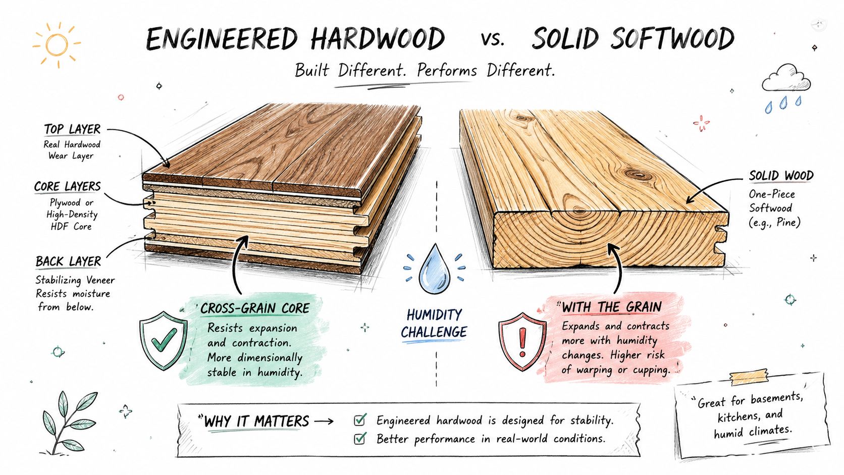 A diagram comparing the structure and moisture resistance of engineered hardwood versus solid softwood flooring.