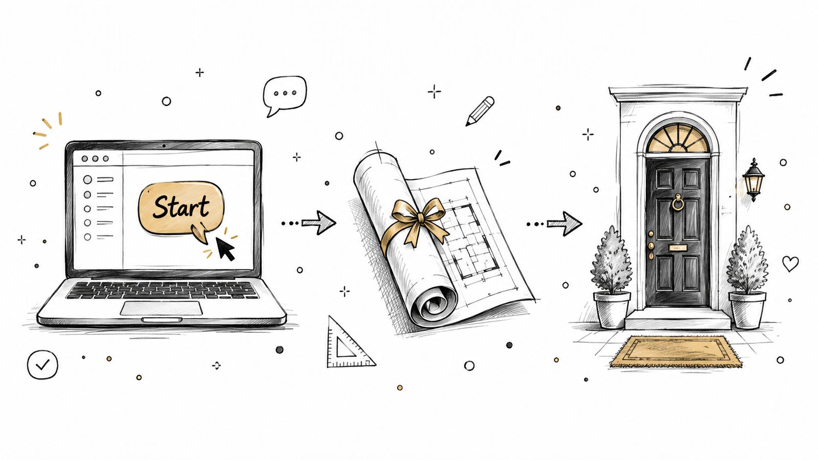 A hand-drawn illustration depicting a design consultation process starting with a computer, moving to floor plans, and ending at a front door.