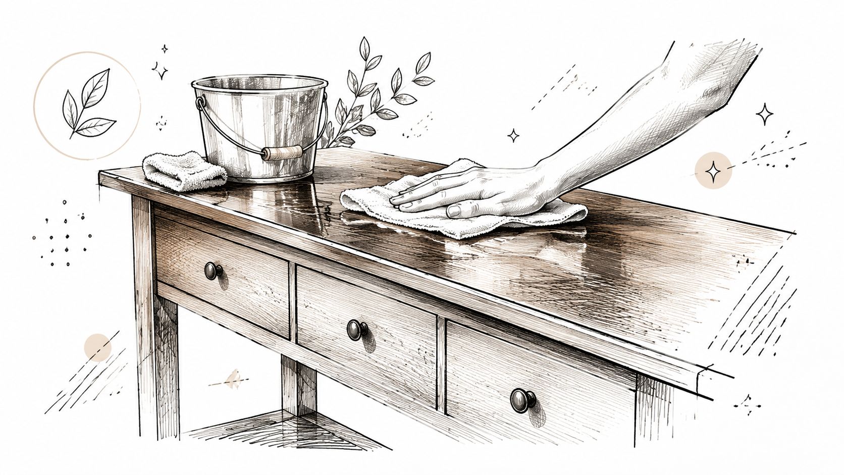 A hand wiping down a rustic wooden console table with a cloth next to a metal bucket.
