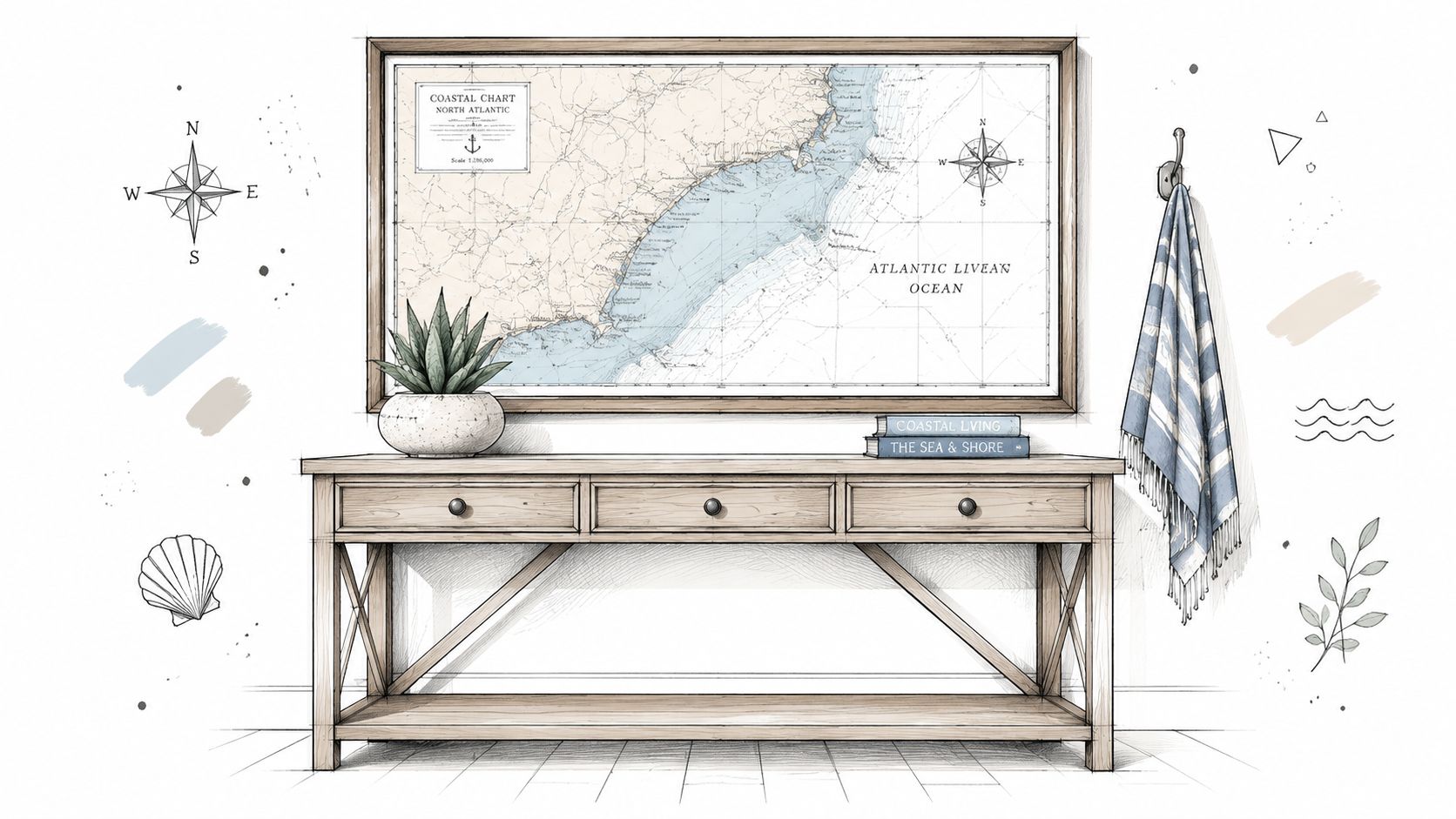 A coastal style console table with a map print above it, a potted plant, and a striped towel.