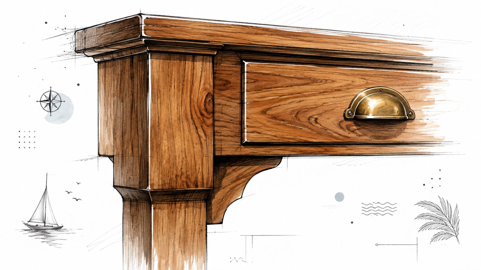 A detailed illustration of a wooden console table with a brass drawer pull and nautical elements.