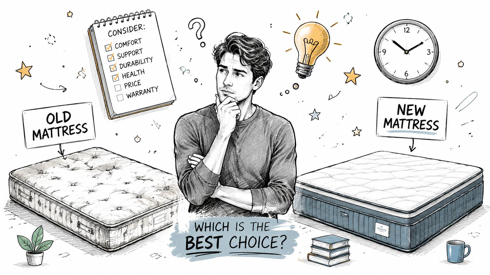 A contemplative man standing between an old mattress and a new mattress with a checklist for decision-making.