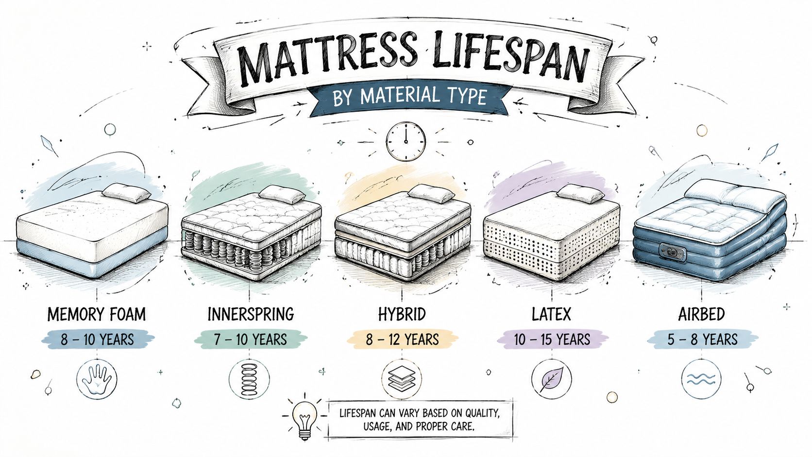 An infographic illustrating the average lifespan of different mattress types including memory foam, innerspring, hybrid, latex, and airbeds.
