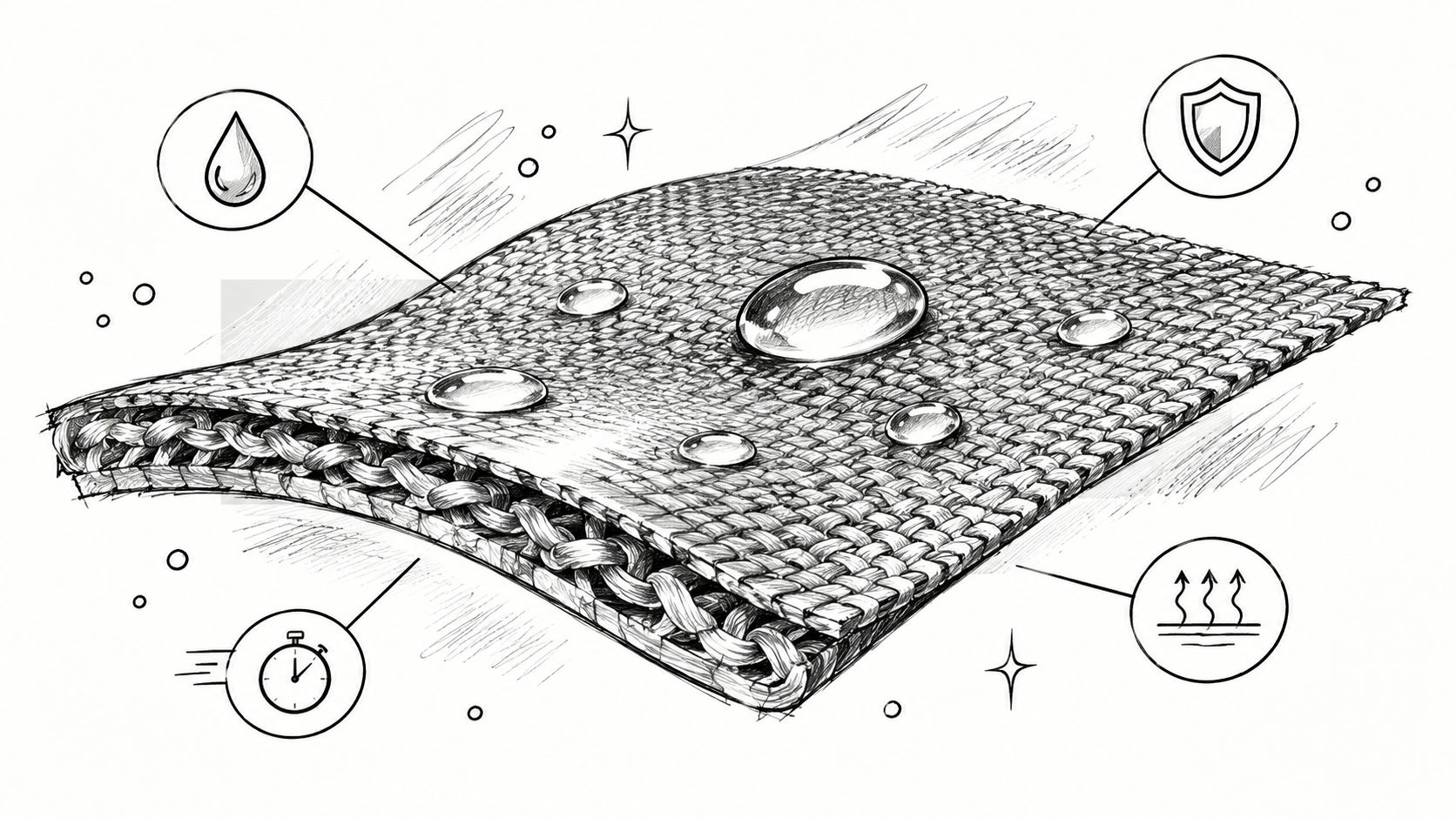 A detailed line drawing illustration showcasing a section of high-tech performance fabric with moisture-wicking and protective properties.