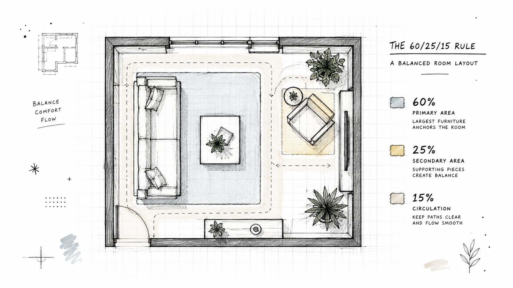 A hand-drawn architectural floor plan illustrating the 60/25/15 rule for balanced furniture arrangement in a room.