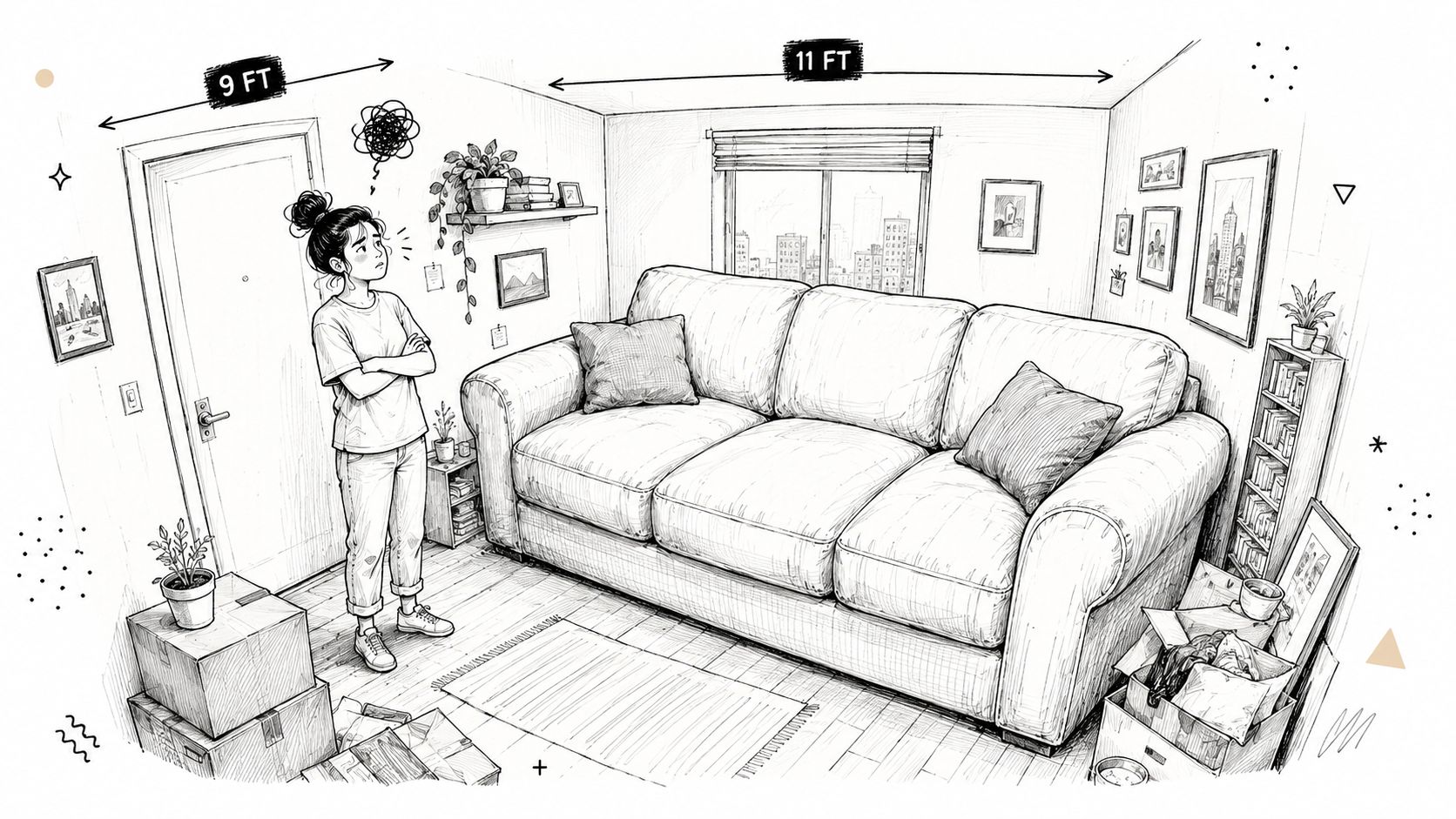 A black and white line drawing of a woman contemplating interior design for a small living room.