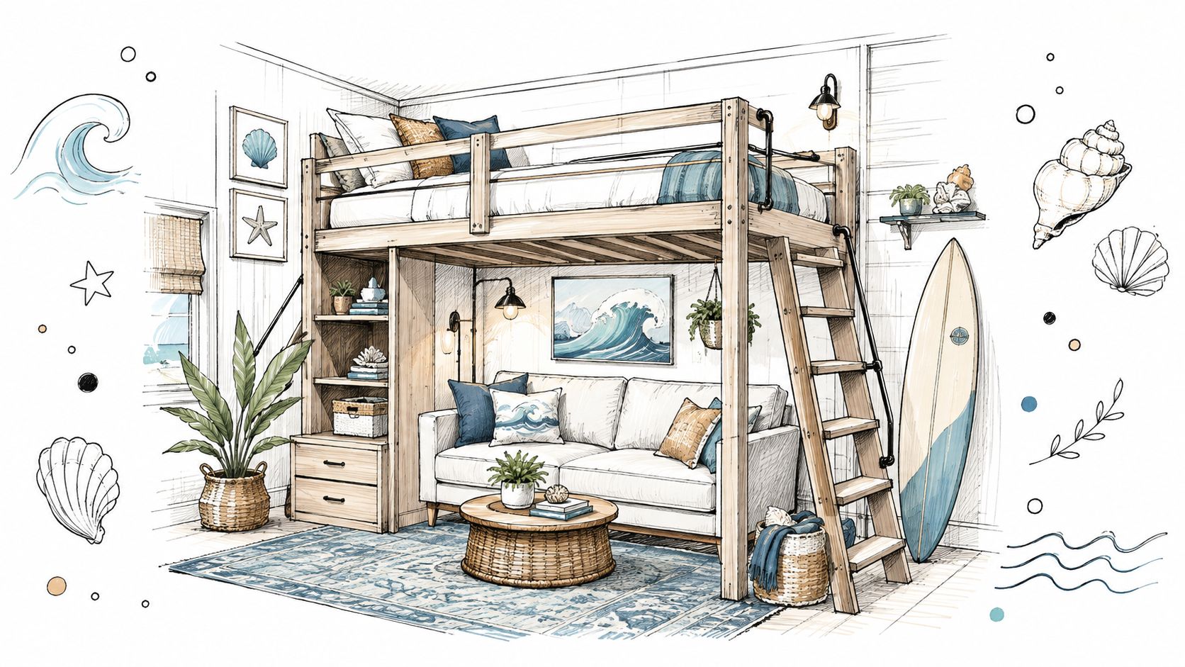 A coastal-themed bedroom featuring a wooden loft bed, a cozy white sofa underneath, and beach decor.